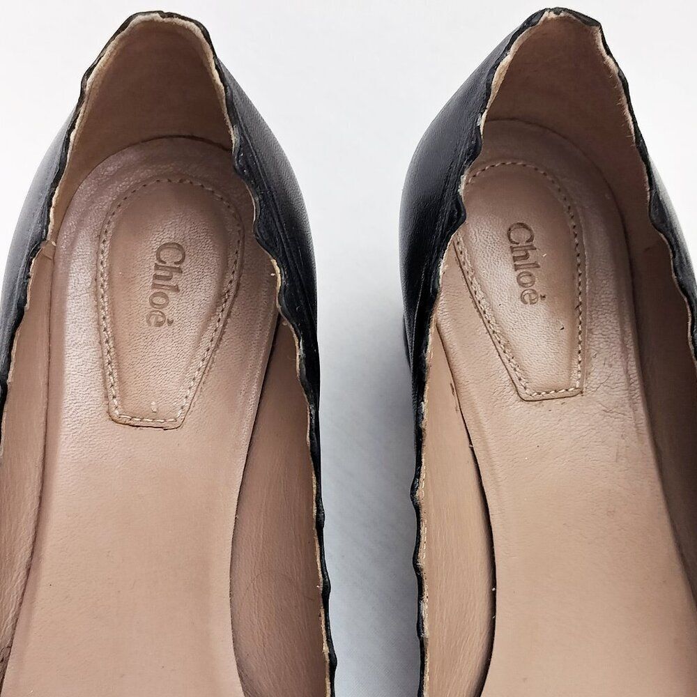 CHLOE Lauren Scalloped Leather Pumps Curved Block Heels Slip On 37.5 / 7.5 Black - Picture 10 of 16